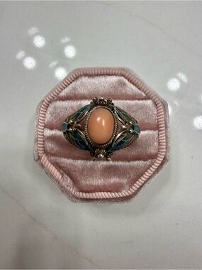 Signed 925 Silver Enamel Butterfly Filigree Ring with Pink Coral Sz 10 1/2